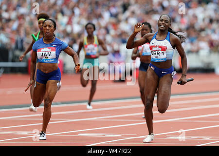 London, UK. 20th July 19. Shelly-Ann FRASER-PRYCE (JAM) and Daryll NEITA (GBR 1) crossing the finish line in the Women's 4 x 100m Relay Final at the 2019, IAAF Diamond League, Anniversary Games, Queen Elizabeth Olympic Park, Stratford, London, UK. Credit: Simon Balson/Alamy Live News Stock Photo