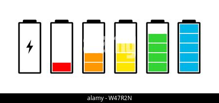 Battery charge indicator icons set. Charging level full power low to high up and electric plug. Gadget energy status vector illustration Stock Vector