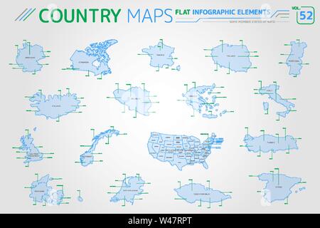Some Member States of NATO, United States of America Canada, France, Italy, Germany, Norway and others Vector Maps Stock Vector