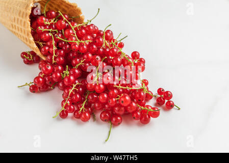 organic summer berries red currant in waffle ice cream cone on white marble background. summer food concept. close up Stock Photo