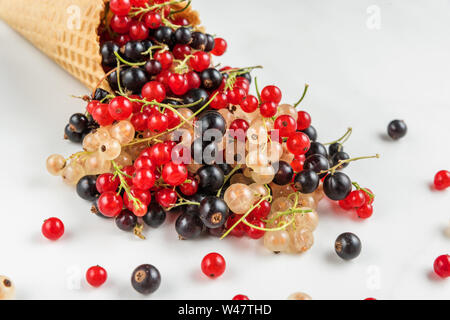assortment of currant berries black, red and white in waffle ice cream cone on white marble background. summer food concept. close up Stock Photo
