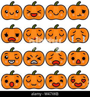 Set of emoji Halloween Pumpkin icons with different emotions. Vector illustration Stock Vector