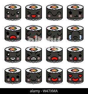 Icon set of emoji sushi - rolls with different emotions. Vector illustration Stock Vector