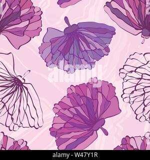 Pink and purple hand drawn flowers with featured unfinished blossom. Seamless vector pattern on marbled background. Great for wellness, beauty, garden Stock Vector