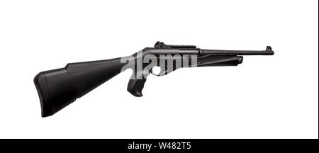 Modern black shotgun isolate on white background. Black semi-automatic shotgun on a light background. Stock Photo