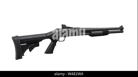 Modern black shotgun isolate on white background. Black tactical shotgun on a light background. Stock Photo