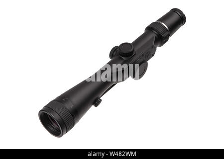 modern black optical scope for weapon isolated on white. sight scope isolated on white background Stock Photo
