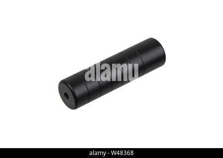 Black silencer for weapons. Suppressor that is at the end of an assault rifle. Stock Photo