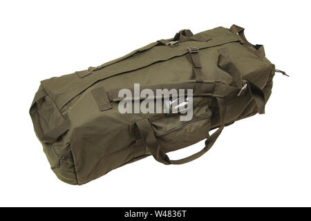 Green sport bag isolated on white background. Travel bag. Military bag, military backpack  isolated on white back. Stock Photo