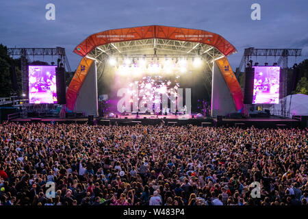 Liverpool, UK. July 20, 2019. Nile Rodgers & Chic performing in front of a sell-out crowd at the Liverpool International Music Festival (LIMF) in Sefton Park in Liverpool, north west England on Saturday, July 20, 2019. Credit: Christopher Middleton/Ģ����ý Live News Stock Photo