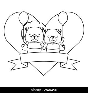 cute couple lion animals heart love ribbon Stock Vector