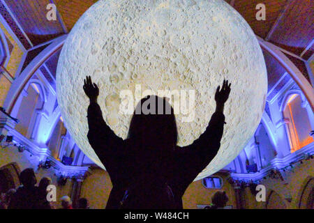 Dorchester, UK. 21st July 2019. Luke Jerram's 'Museum of the Moon' touches down in Dorchester Corn Exchange, on the 50th anniversary of the first moon landing. credit: stuart fretwell/Alamy Live News Stock Photo