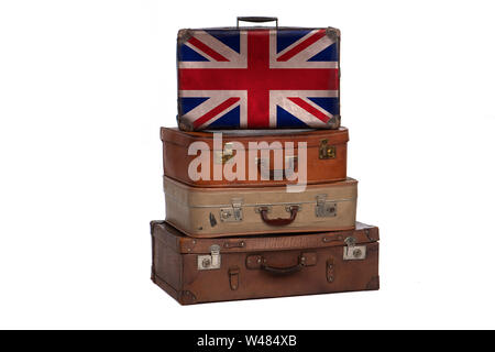 Vintage Travel Suitcase With British Flag Isolated On A White
