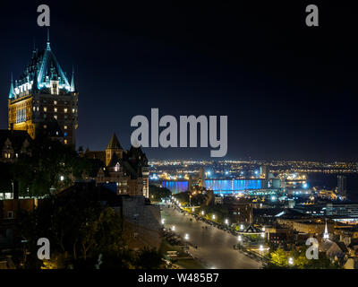 Quebec City skyline with Chateau Frontenac at Night as viewed from the Hill in the summertime. Quebec, Canada Stock Photo