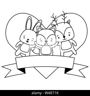 cute deer fox and rabbit animals heart love ribbon Stock Vector