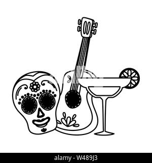 day of the dead skull mask and margarita cocktail with guitar Stock Vector