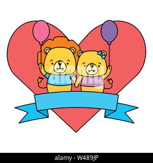cute couple lion animals heart love ribbon Stock Vector