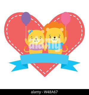 cute couple lion animals heart love ribbon Stock Vector
