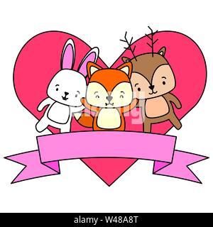 cute deer fox and rabbit animals heart love ribbon Stock Vector