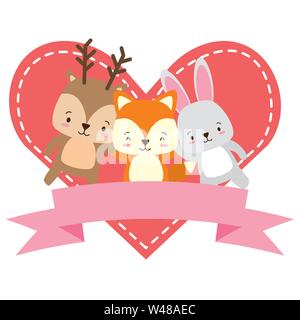 cute deer fox and rabbit animals heart love ribbon Stock Vector
