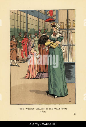 Fashionable woman shopping in the Wooden Gallery in the Palais Royal, Paris, 1803. Family looking in a clock shop window. Signs for umbrella and glove stores. Handcoloured lithograph by R.V. after an illustration by Francois Courboin from Octave Uzanne’s Fashion in Paris, William Heinemann, London, 1898. Stock Photo