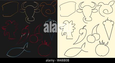 set of minimalistic logos of different types of food in one line Stock Vector
