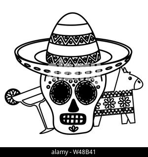 day of the dead skull mask and margarita cocktail with pinata Stock Vector