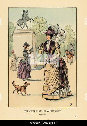 Fashionable woman on the avenue des Champs-Elysees, 1888. She wears a hat, dress with bustle, and carries a parasol and bouquet. Marly Horse statue behind. Handcoloured lithograph by R.V. after an illustration Fashionable woman on the avenue des Champs-Elysees, 1888. She wears a hat, dress with bustle, and carries a parasol and bouquet. Marly Horse statue behind. Handcoloured lithograph by R.V. after an illustration