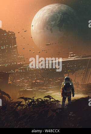 astronaut looking at futuristic city in the planet, digital art style, illustration painting Stock Photo