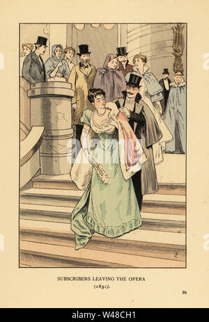 Subscribers leaving the opera, 1891. Gentleman in top hat and white-tie assisting a woman with her fur-lined cape on the stairs of the Opera de Paris. Handcoloured lithograph by R.V. after an illustration by Francois Courboin from Octave Uzanne’s Fashion in Paris, William Heinemann, London, 1898. Stock Photo