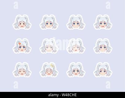set of emotional stickers head anime manga girl japanese cartoon style for chat messages paper or t shirt print girl with black hair stock vector image art alamy