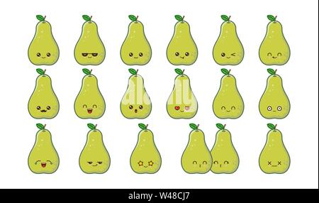 Green pear cute kawaii mascot. Set kawaii food faces expressions smile emoticons. Stock Vector