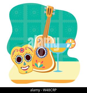 day of the dead skull mask and margarita cocktail with guitar Stock Vector