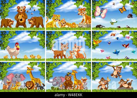Set of various animals in nature scenes illustration Stock Vector