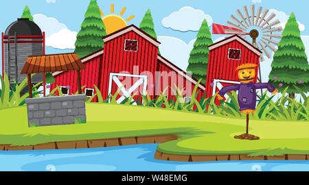 Red barn farm scene illustration Stock Vector