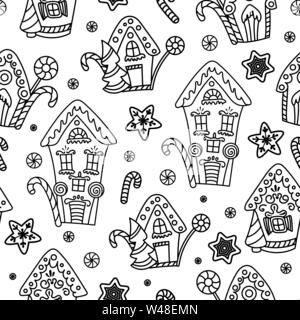 Christmas seamless pattern with gingerbread house, candy canes and lollipops. Hand drawn doodle style. Black and white vector illustration. Isolated on white background. Perfect for coloring pages Stock Vector
