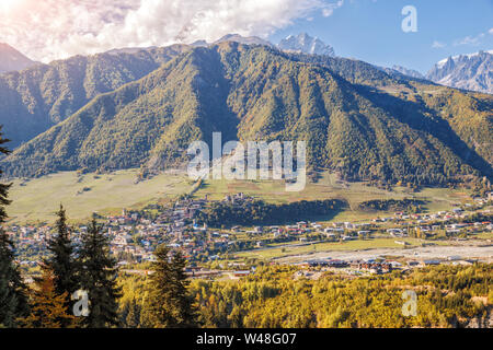 Caucasian landscape, aerial view of the town Mestia in mountain valley. Upper Svaneti, Georgia