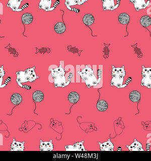 Cute hand drawn pattern background with kittens , fish bones, mice and yarn balls. Stock Photo