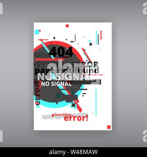 Glitch 404 page not found template. Tv distorted signal chaos, glitched effect distortion color photo dissolution and flaw glitches bug circles, vhs w Stock Vector