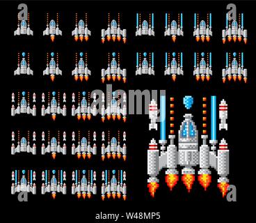 Space Ship Pixel Art Video Arcade Game Cartoon Stock Vector