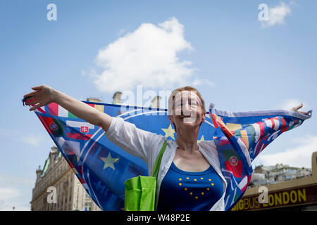 Days before the new leader of the Conservative Party and next Prime Minister of the UK is elected by its members (and expected to be Boris Johnson), the last weekend of Theresa May's unsuccessful Brexit from the European Union saw a March for Change protest with pro-EU Remainers marching through the capital demanding an end to Brexit and a No to a Johnson PM, on 20th July 2019, in London, England. Stock Photo