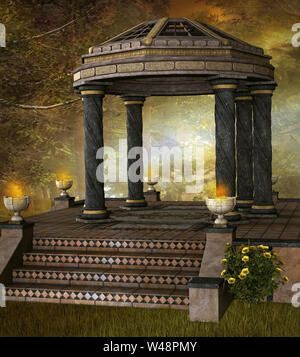 Ancient gazebo in the foggy forest Stock Photo