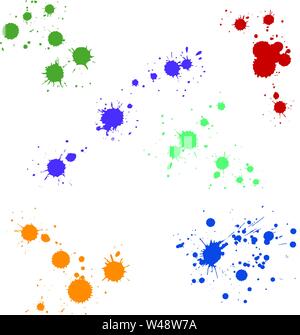 Close up many colorful multicolor paint drop splat stains isolated on white background Stock Vector