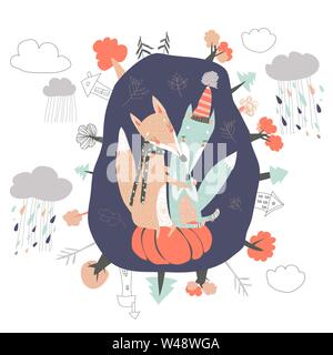 Cute cartoon foxes embracing in den. Hello autumn Stock Vector