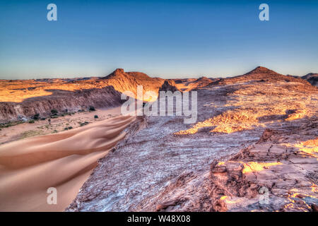 aerial Panoramic landscape near Boukkou lake group of Ounianga Serir lakes at sunrise , Ennedi, Chad Stock Photo