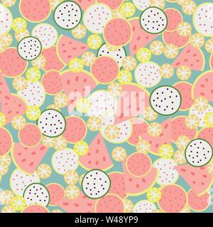 A seamless vector pattern with fruit salad in girly pastel colors. Surface print design with summer vibe. Stock Vector