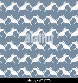 Seamless repeat of white unicorn silhouette stripe on a grey background. A vector surface pattern design ideal for children. Stock Vector