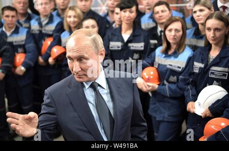 Russian President Vladimir Putin meets with workers at the Magnitogorsk Iron and Steel Works July 19, 2019 in Magnitogorsk, Russia Stock Photo