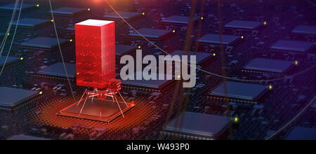 red glowing compiter bug on infected chip in cyberspace 3d redner. spyware, malware, virus trojan, keylogger, hacker attack illustration. Stock Photo