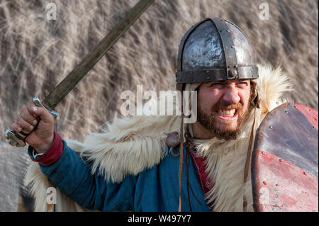 Medieval king warrior with full armor (helmet,sword, shield) Stock Photo